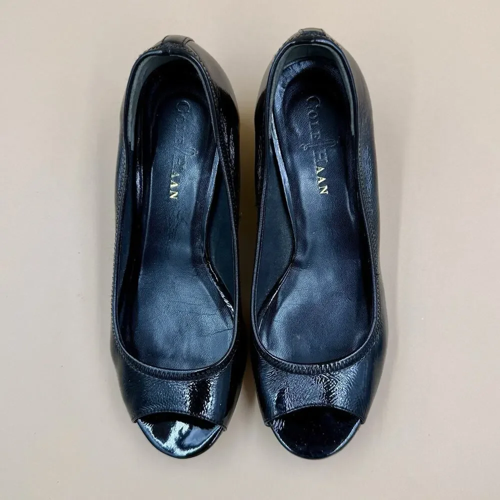 Cole Haan Black Patent Leather Wedge Heels 5.5M Office Peep Toe
